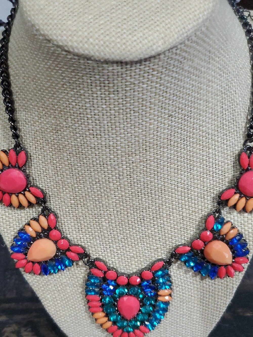 Statement Multicolor Gem Bib Necklace - Coral, Peach & Blue Chunky Maximalist - Picture 5 of 7